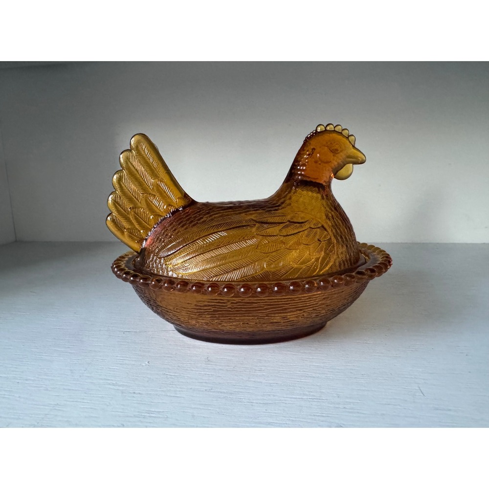 Vintage Indiana Glass Amber Hen On Nest Covered Dish Candy Bowl 7" - Picture 3 of 7